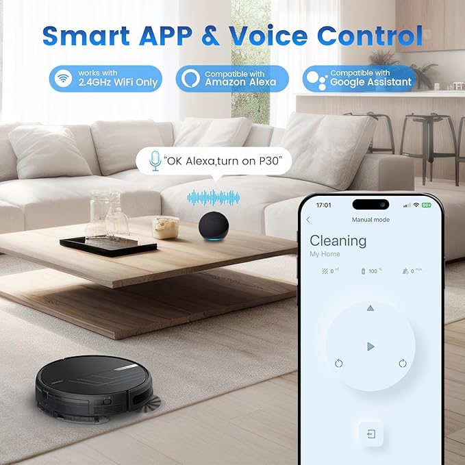 AIRROBO Robot Vacuum and Mop, 3000Pa Strong Suction Power Vacuum Mop Robot, Wi-Fi/App/Alexa, Self-Charging Robotic Vacuum for Hard Floor, Pet Hair and Low-Piled Carpet, Slim Design, Quiet,P30