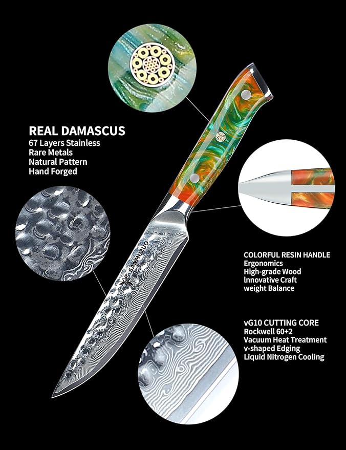 Steak Knives Set of 4, Ultra Sharp Kitchen Steak Knife 5 Inch - Forged Damascus Steel & Resin Handle - Yao Series
