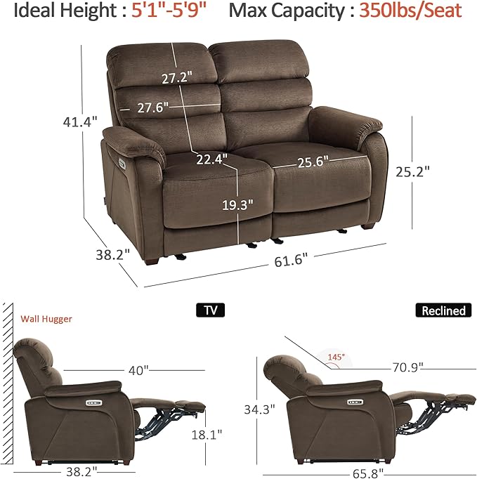 MCombo Zero Wall Recliner Loveseat, Power Recliner Loveseat with Adjustable Headrest, USB A & C Charge Ports, Wood Legs, for Living Room, RVs, Small Spaces (Fabric, ST258M1, Coffee)