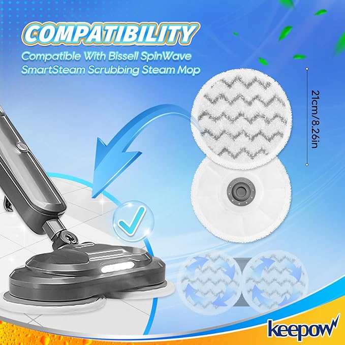 KEEPOW Spinwave Mop Pads Compatible with Bissell SpinWave SmartSteam Scrubbing Steam Mop 3897A 3712C 3712W, Rotating Mop Replacement Pads (4 Pack)