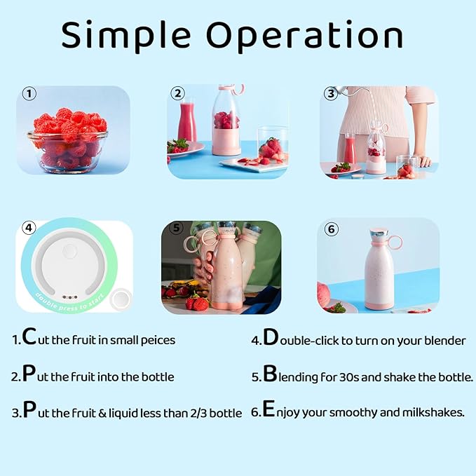 Asa Vea Mini Blender for Smoothies and Milkshakes, Portable Blender, Rechargeable, Personal Size Blender with Quota Outer Travel Lid with 4 Blades, 11 oz for Outdoors, Camping (Purple)