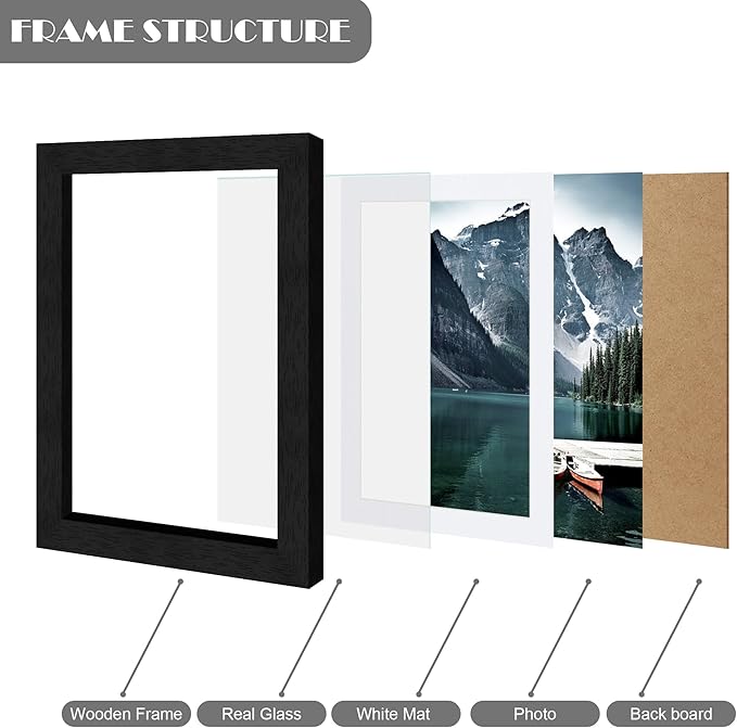 5x7 Black Picture Frames set of 3, Made of Wooden and Glass Photo frame - Displays Picture 4x6 with Mat or 5 x 7 without Mat, Desktop & Wall Collage Frame set
