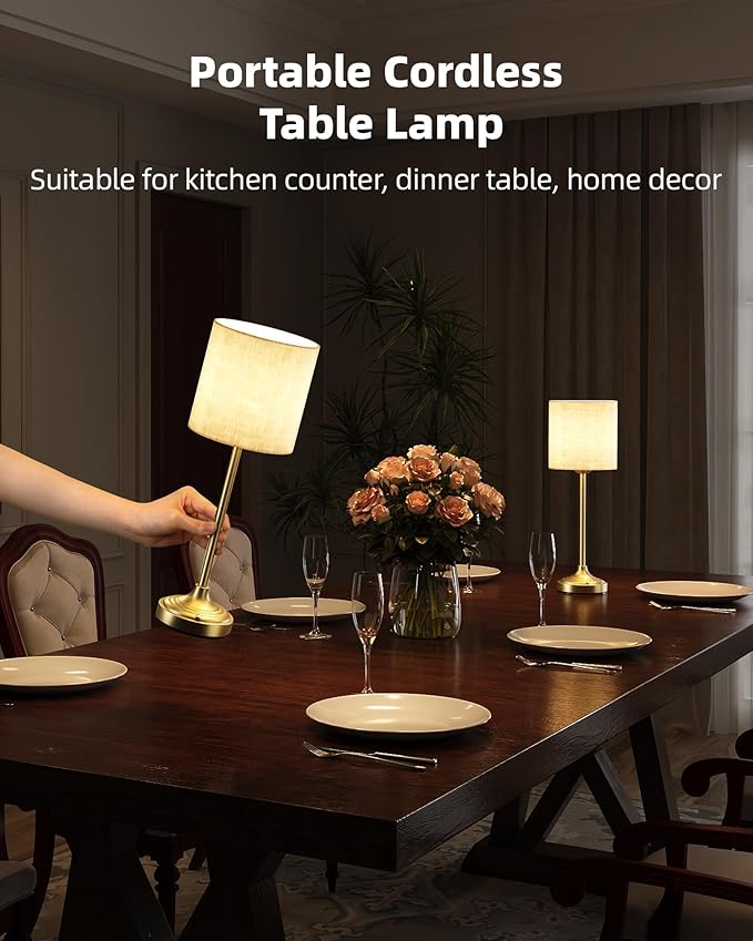 Wireless Lamp, 2-Pack, 8000mAh, Dimmable, 2700K, Touch Control, Portable, Small, LED, Rechargeable Table, Rechargeable, Cordless, Desk Lamp, Kitchen Lamp, Fabric Shade, for Dining Room, Living Room