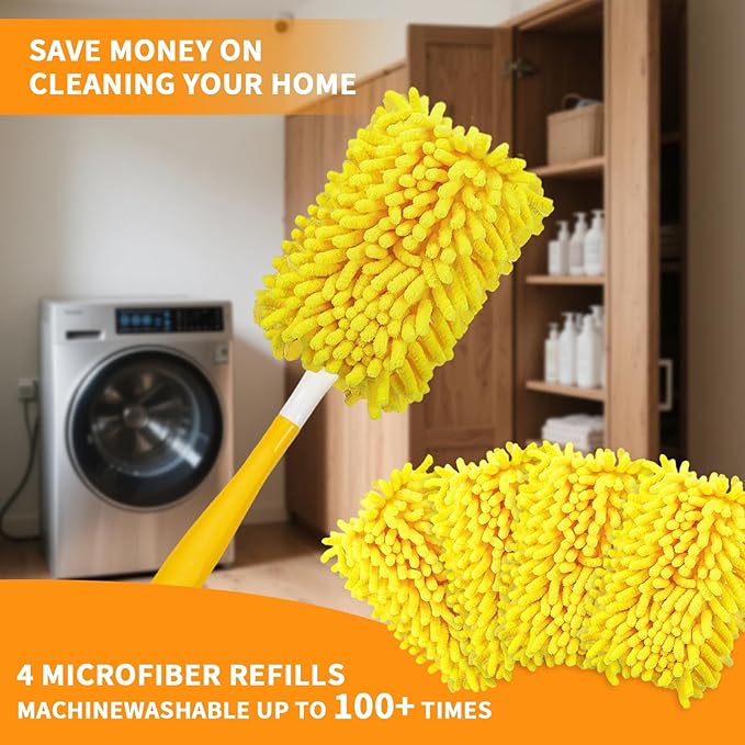 Reusable Duster Refill Compatible with Swiffer Hand Duster - 360 Heavy Duty Microfiber Duster Refills - 4 Pack for Ceiling Fans, Furniture, and Electronics (Yellow,Handle is Not Included)