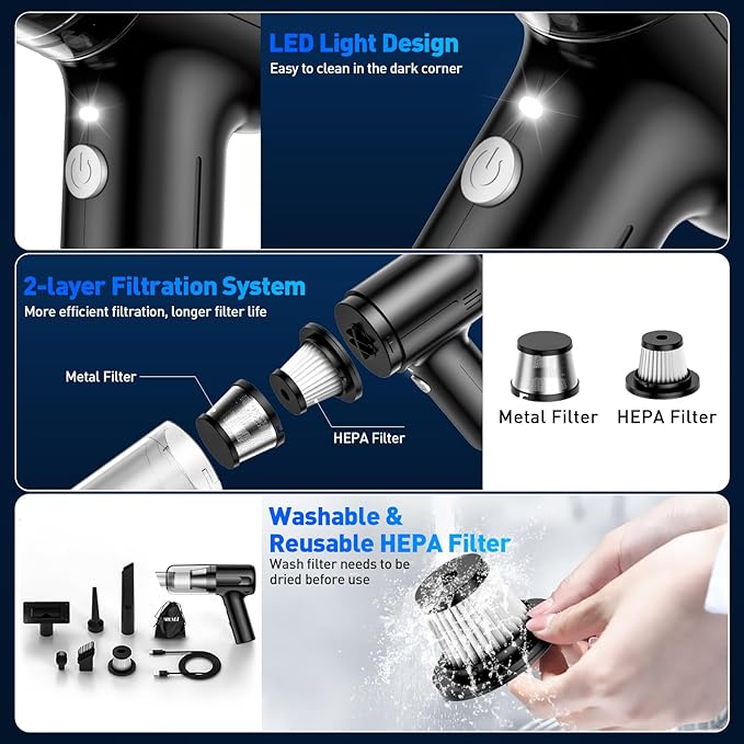 Handheld Car Vacuum Cleaner, 9000Pa Hand Held Vacuum Portable Cordless,2 in 1 Air Duster and Mini Vacuum Cleaner with LED Light, 120W High Power Small Vacuum for Car, Home, Office, Pet(Black)
