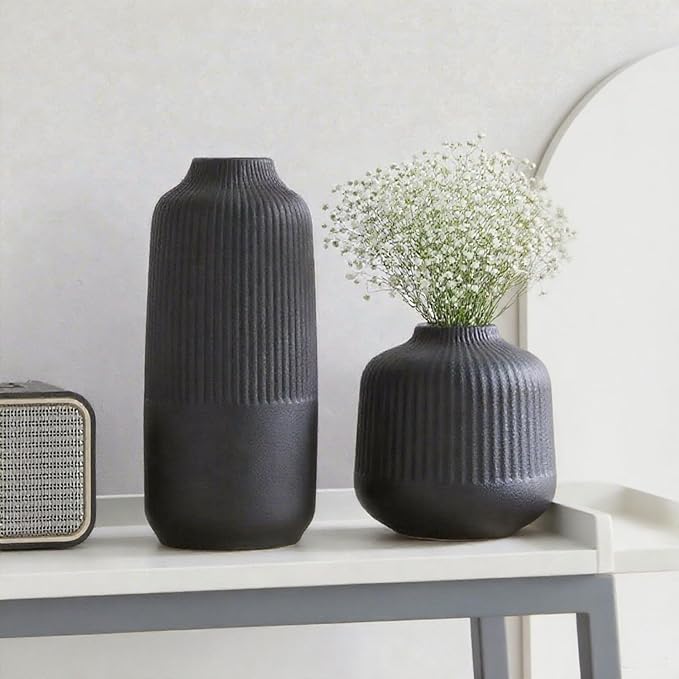 Black Ceramic Vase Set of 2, Flower Vases Home Decor, Boho Vase for Pampas Grass, Black Vases for Centerpieces Table Entryway Shelf