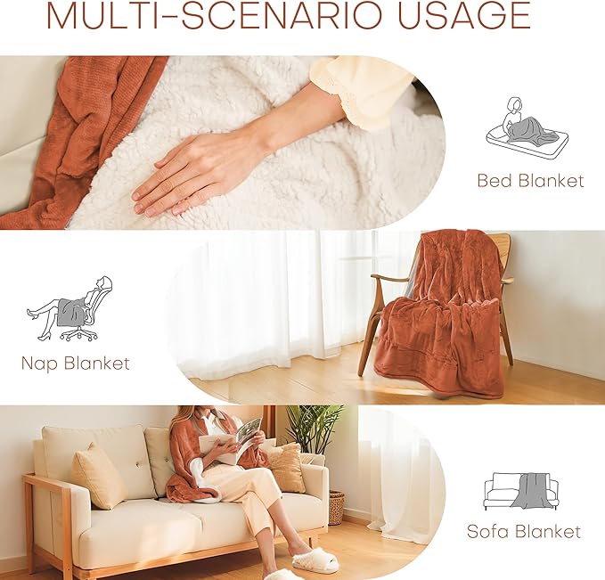 Electric Heated Blanket Full Size 72"x84" - Microplush & Sherpa Fabric Dual-Sided, 6 Heat Settings & 1-10 Hours Auto Off, Soft & Cozy Warming Throw for Home, Office, or Bed, Machine Washable, Caramel