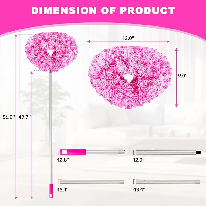 Ceiling Fan Cleaner Duster Reusable Microfiber Ceiling Fan Blade Cleaner Removable Duster with Extension Pole Adjusts 13 to 49.7 Inch for Cleaning Walls Furniture Door Window Top (Rosy White)