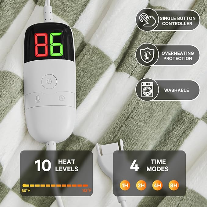 Sage Green Heated Blanket Electric Twin Size, 62X84 Heating Blanket with 10 Heat Levels & 8 Hours Auto Off, Checkered Plaid Soft Fleece Sherpa Blankets Warmer Gifts for Couch Grandma Women Adults, ETL