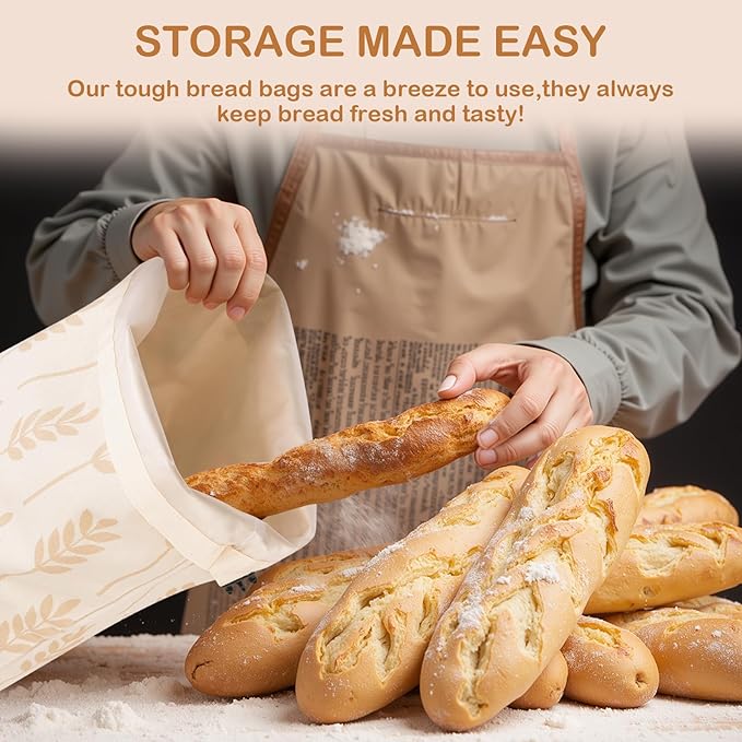 LAKE OF FIRE 16.9"x12.6" Reusable Bread Storage Bags for Homemade Bread with Reusable 2 Bowl Covers,Large Sourdough Bread Bags Food Storage Cloth Bag(Beige + Wheat)