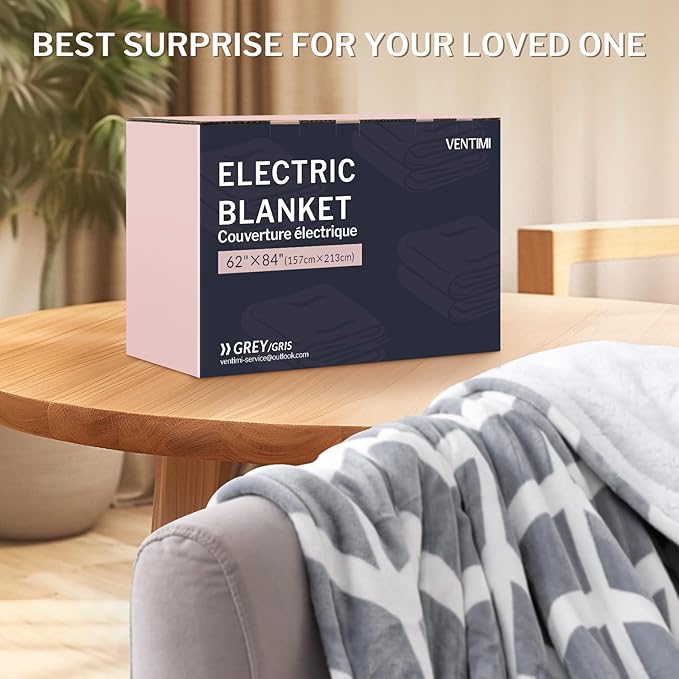 VENTIMI Electric Blanket Heated Throw, 62" x 84" Heated Blanket with 9 Heat Levels & 2 to 10 Hours Auto Off, Fast Heating Blankets with ETL & FCC Certification, Grey