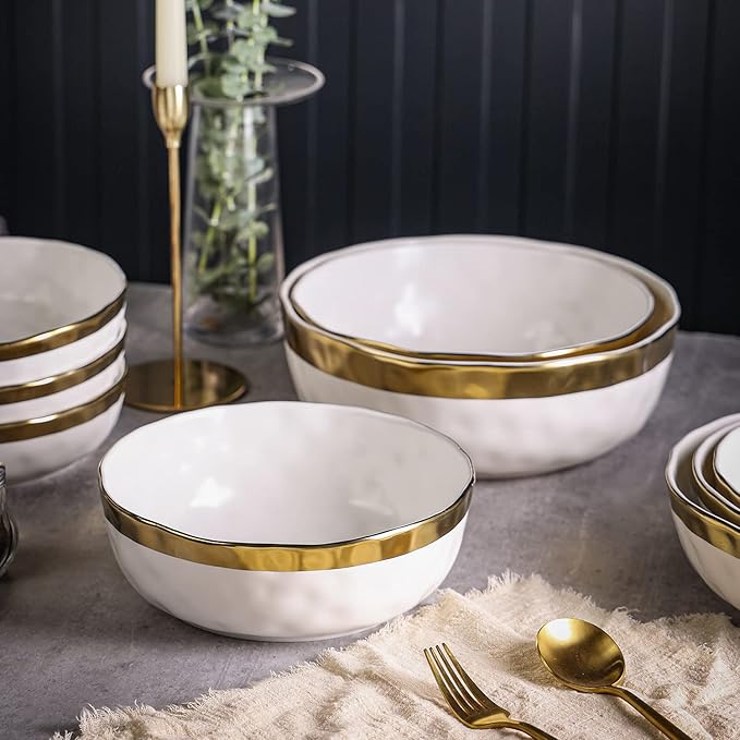 Stone Lain Florian Porcelain 3-Piece Round Bowl Service Set, White with Gold Rim