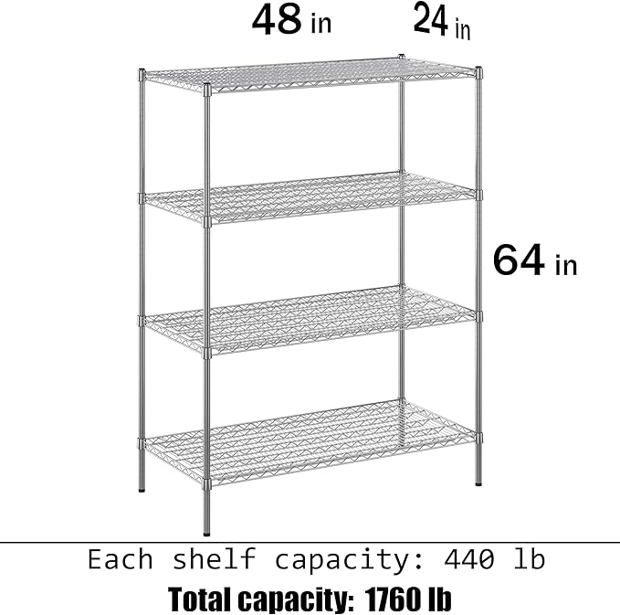 24" Deep x 48" Wide x 64" Height Wire Shelving Kit | 4-Tier | NSF Commercial Storage Rack Unit