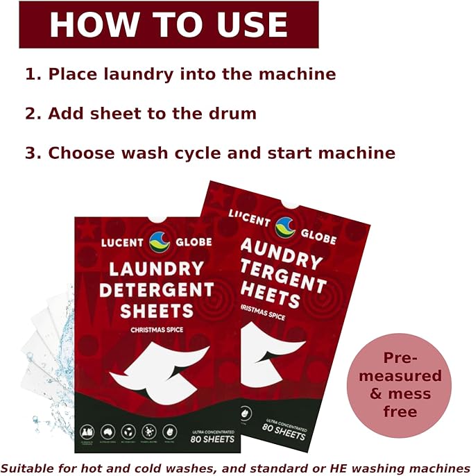 Laundry Detergent Sheets - Pre-Measured Laundry Sheets - Powerful Stain Removal - Gentle on Skin & Fabrics - Works in All Washers - Convenient. (Christmas Spice - 80 Sheet Pack)