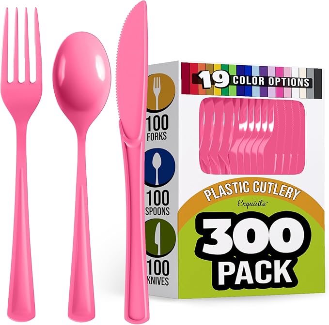 Party Solids Hot Pink Plastic Silverware Heavy Duty 300 Pieces Hot Pink Plastic Cutlery Sets, Utensil Sets, 100 Of Each Forks, Knives & Spoons Disposable Cutlery Set, Flatware Set For Party Supplies