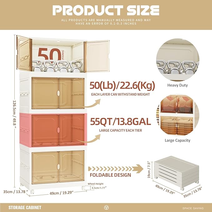 220 QT Large Collapsible Plastic Storage Bins, 4 Tier Stackable Storage Bins for Closet Bedroom, Large Plastic Containers with Wheels, Storage Cabinet with Magnetic Doors, White (220QT-4Tier)