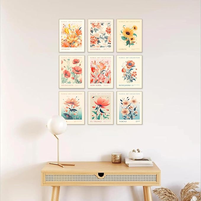 Flower Market Poster Set of 9, Abstract Colorful Floral Wall Decor Art Prints, Vintage Flower Market Poster for Room Aesthetic, Trendy Floral Canvas Gallery Paintings Boho Wall Art Decor for Bedroom Bathroom(8x10inch, Unframed)