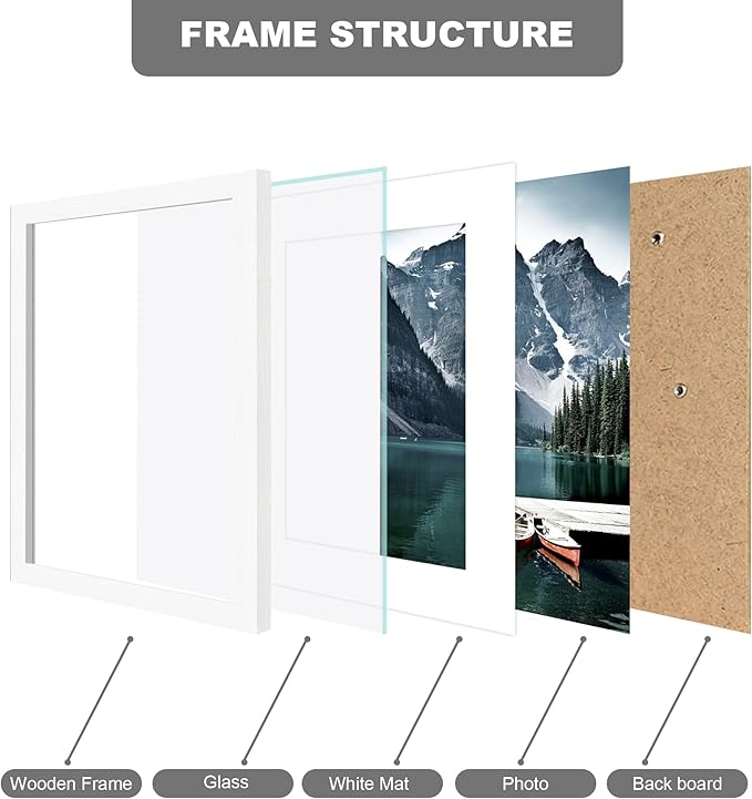 7x10 Frame with Real Glass - Display Pictures 5.5x8.5 with Mat or 7 x 10 without Mat, Photo Frame for Wall or Table Top Display(White, 3 Pack)