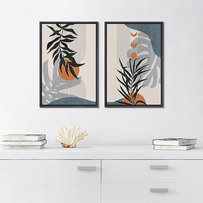 SIGNFORD Framed Canvas Print Wall Art Forest Plant Silhouettes & Mid-Century Symbols Abstract Shapes Illustrations Modern Boho Nature Chic for Living Room, Bedroom, Office - 24"x36"x2 Black