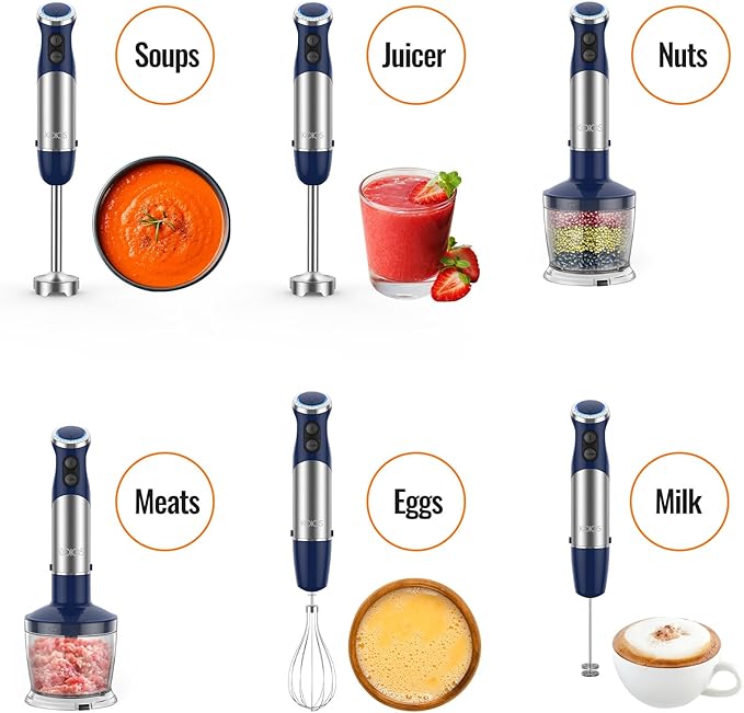 KOIOS 5-in-1 Hand Immersion Blender, 12 Speed Adjustable Emulsifier Handheld Blender, 1000W Copper Motor Stainless Steel Blade Hand Mixer with attachments, Blue