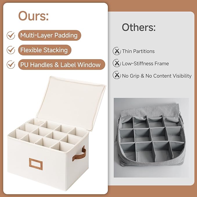 StorageWorks Stemware Storage Cases, Hard Shell Wine Glass Storage Box with Dividers for Glassware, Crystal, and China Holds 12 Standard Size Wine Glasses, 1 Pack, Beige