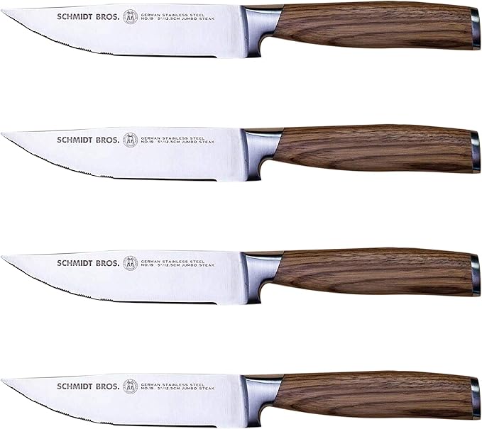 Schmidt Brothers -Bonded Teak 4-Piece Jumbo Steak Knife Set, High-Carbon German Stainless Steel Cutlery in a Wood Gift Box