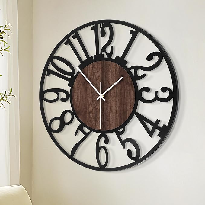 1st owned Wall Clock for Living Room -16" Silent Non Ticking,Battery Operated,Black Metal, Antique Wood Clocks for Farmhouse,Dining Room,Bedroom,Kitchen Clock Wall Decor- Arabic Numerals