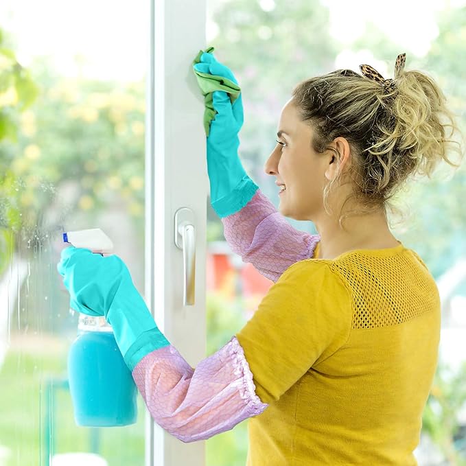 Elgood Reusable Long Sleeve Dishwashing Cleaning Gloves with Latex Free,Cotton Lining,Kitchen Gloves 2 Pairs,Purple+Blue L