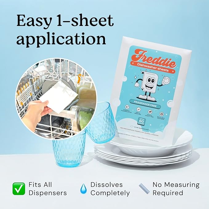 Freddie Dishwasher Sheets Fragrance Free - Space-Saving Alternative to Liquid Detergent - 360 Loads (6 Pack) Concentrated Plastic Jug Free Strips