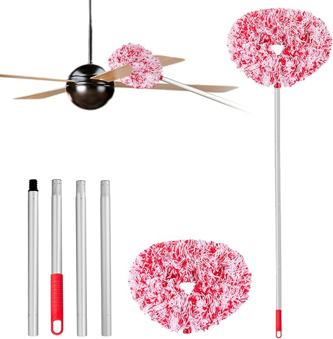 Ceiling Fan Cleaner Duster Reusable Microfiber Ceiling Fan Blade Cleaner Removable Duster with Extension Pole Adjusts 13 to 49.7 Inch for Cleaning Walls Furniture Door Window Top (Red White)
