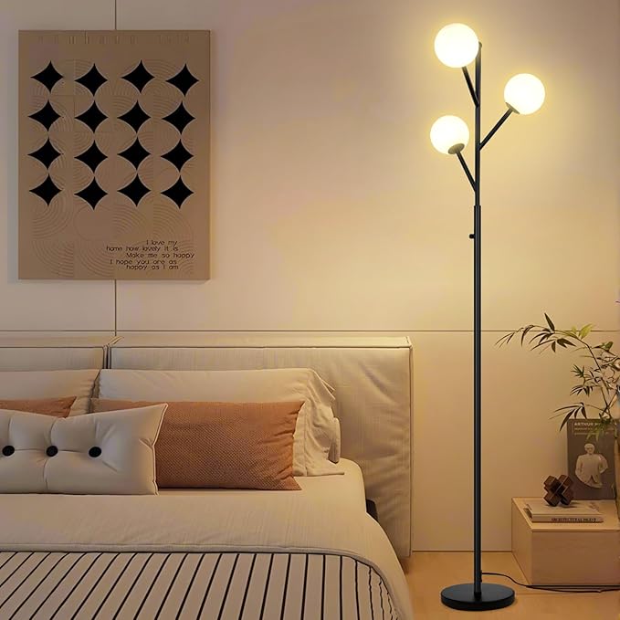 3-Globe Mid Century Black Tree Floor Lamp and Bulbs Included,70in Tall Modern Stepless Dimmable Standing Lamp with Frosted Glass Shade for Living Room Office Bedroom, Study Room(dimmer-Black)