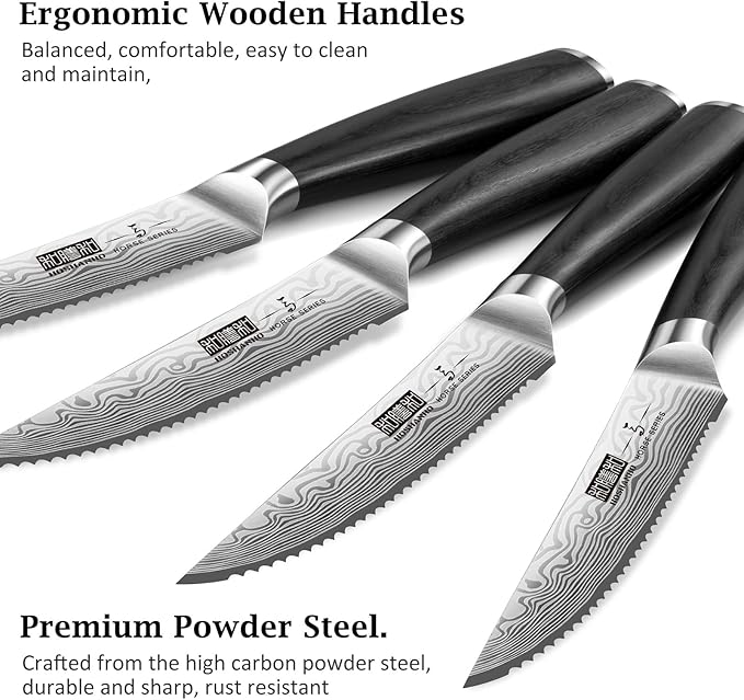 HOSHANHO Steak Knives Set of 6, 4.5 Inch Japanese Serrated Steak Knife Set, Ultra Sharp High Carbon Powder Steel Steak Knife with Pakkawood Handle