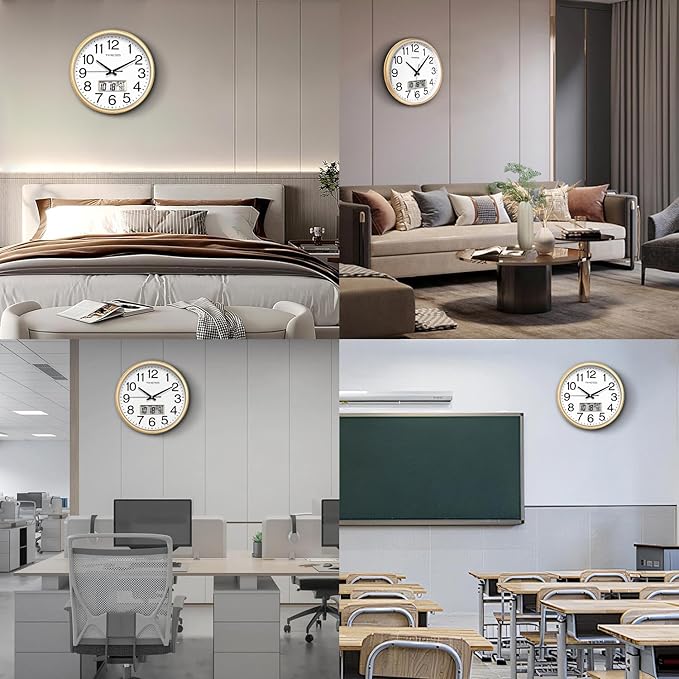 Wall Clock, 13 Inch Non-Ticking Silent Battery Operated Quartz Analog with LCD Display for Perpetual Calendar and F° Temperature, Ideal Modern Home, Bedroom, Kitchen, Office Decor (Gold)