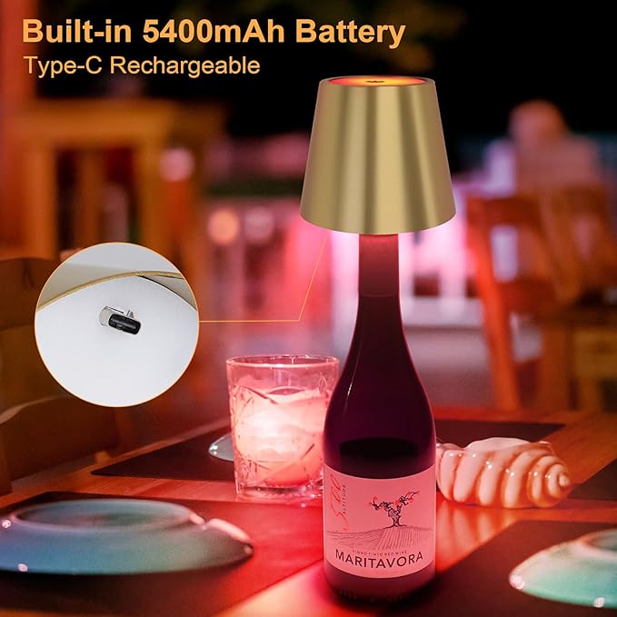 DUSKTEC Wireless Wine Bottle Lampshade, 8 RGB Modes, Light Temperature 3000-6500K, Rechargeable Touch Wine Bottle Lamp, Portable Wireless Lamp, Bar Lights, Party, Gift (Gold)