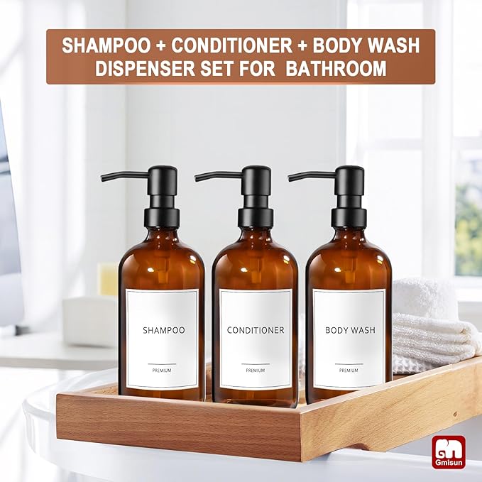 GMISUN Shampoo and Conditioner Dispenser, 3 Pack Amber Glass Bathroom Shampoo Conditioner Body Wash Dispenser with Pump for Shower, 17 Fl Oz Hand Soap Dish Soap and Lotion Dispenser Set for Kitchen