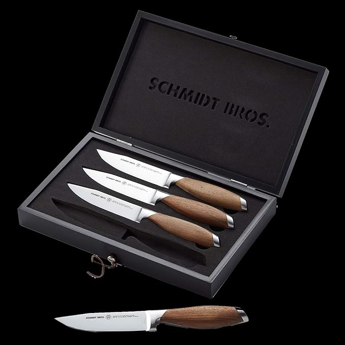 Schmidt Brothers -Bonded Teak 4-Piece Jumbo Steak Knife Set, High-Carbon German Stainless Steel Cutlery in a Wood Gift Box