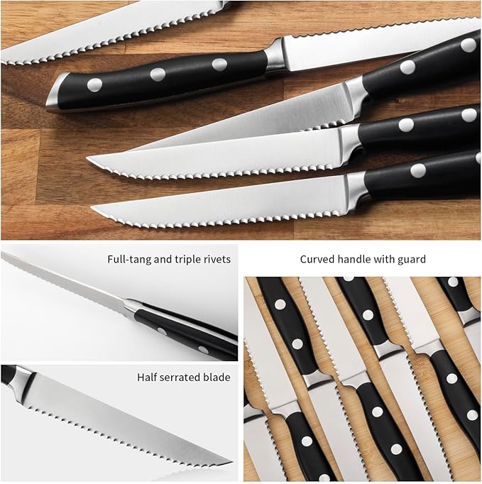 Alata 8-Piece Steak Knives Set, 4.7 Inch with Serrated Edge Razor-Sharp Dinner Knives, Full-Tang Construction, Dishwasher Safe