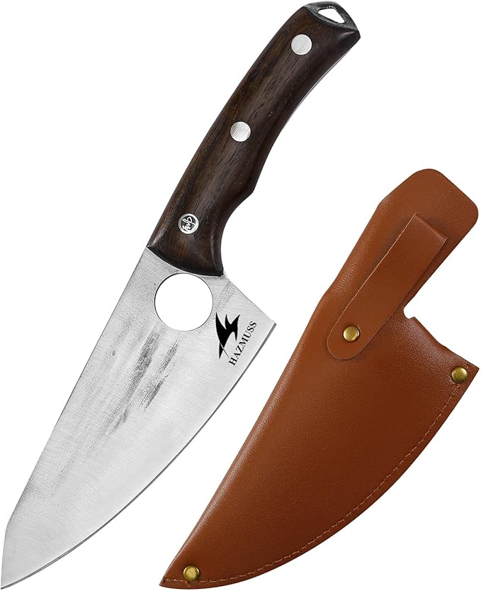 Chef's Knife - 6.2", High Carbon Stainless Steel Blade Perfect Kitchen Knive, Chopping, Julienne and Slicing Kitchen Knife Full Tang with Ergonomic Ash Wood Handle, Leather Sheath
