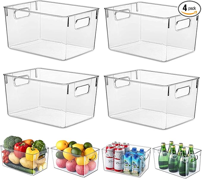 Clear Plastic Storage Bins, 4 Pack Pantry Organizers & Storage Containers, Cabinet Organizer, Home Organization Must Haves for Kitchen, Laundry Room, Office, Closet & Freezer