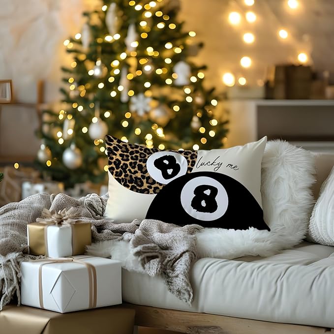 Preppy Pink Lucky 8 Ball Leopard Throw Pillow Covers 20x12,Cheetah Print Room Decor, Trendy Funky Y2K Leopard Print Motivational Decorative Pillow Covers for Girls Room Dorm Apartment,Set of 2