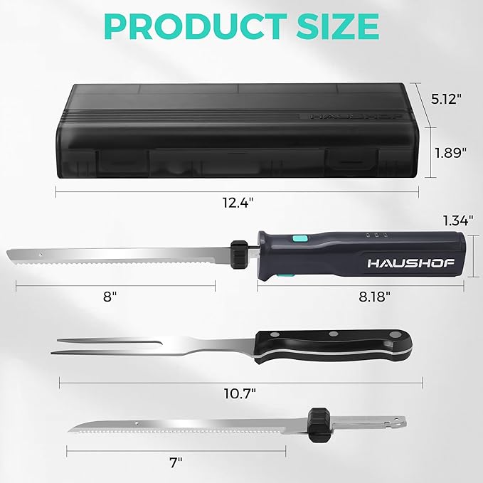 HAUSHOF Cordless Electric Knife Set for Meat Slicing, 8V Electric Carving Knife for Fish, Bread, Turkey, Rechargeable Meat Cutter with Reciprocating Stainless Steel Blades, Safety Lock & Storage Case