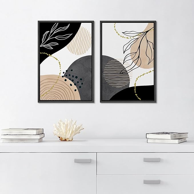SIGNFORD Framed Canvas Print Wall Art Set Mid-Century Nordic Geometric Ring Plants Abstract Shapes Illustrations Modern Art Decorative Bohemian for Living Room, Bedroom, Office - 16"x24"x2 Black