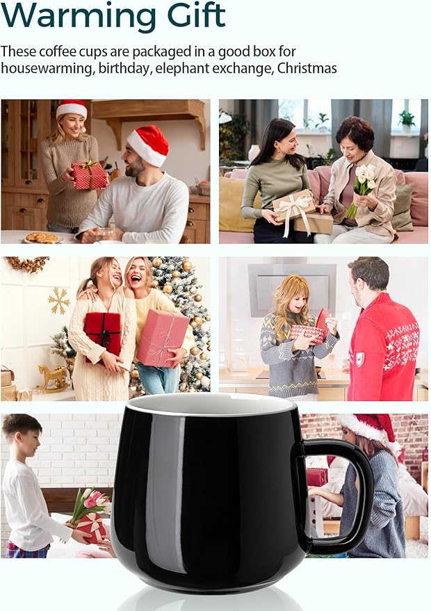 Teocera Ceramic Coffee Mug Set of 4-12 oz Coffee Mugs with Large Handles for Hot or Cold Drinks Like Latte, Cocoa, Tea or Juice - Smooth Ceramic, Dishwasher Safe,Black