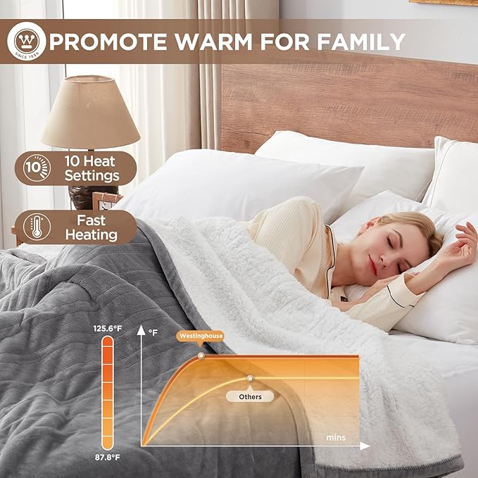 Westinghouse Heated Blanket Queen Size, Soft Flannel to Sherpa Electric Blanket with 10 Heating Levels, 12 Hours Auto Off, Fast Heating Blanket, Machine Washable, 84x90 Inch, Light Grey