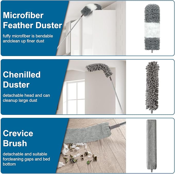 Microfiber Duster, 4PCS with Extension Pole(Stainless Steel) 30 to 100 Inches, Reusable Bendable Dusters, Washable Lightweight Dusters for Cleaning Ceiling Fan, High Ceiling, Blinds, Furniture, Cars
