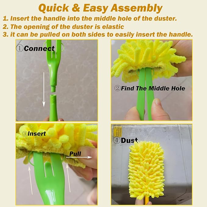 Reusable Duster for Swiffer, 4 Refills +1 Handle, 360 Heavy Duty Duster Refill Compatible with Swiffer Hand Dusters, for Dusting Furniture, Blinds, Ceiling Fans, Walls and More, Yellow