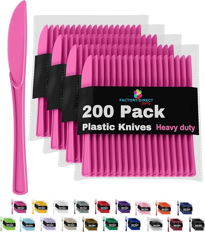 Party Solids Hot Pink Plastic Knives 200 Pcs Hot Pink Knives Disposable Utensils Heavy Duty Plastic Cutlery Set Disposable Cutlery Sets Flatware Sets Silverware Set Party Supplies & Party Tableware