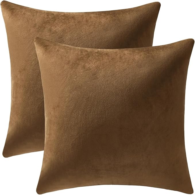 Throw Pillow Cases 24x24 Golden Brown: 2 Pack Cozy Soft Velvet Square Decorative Pillow Covers for Farmhouse Home Decor