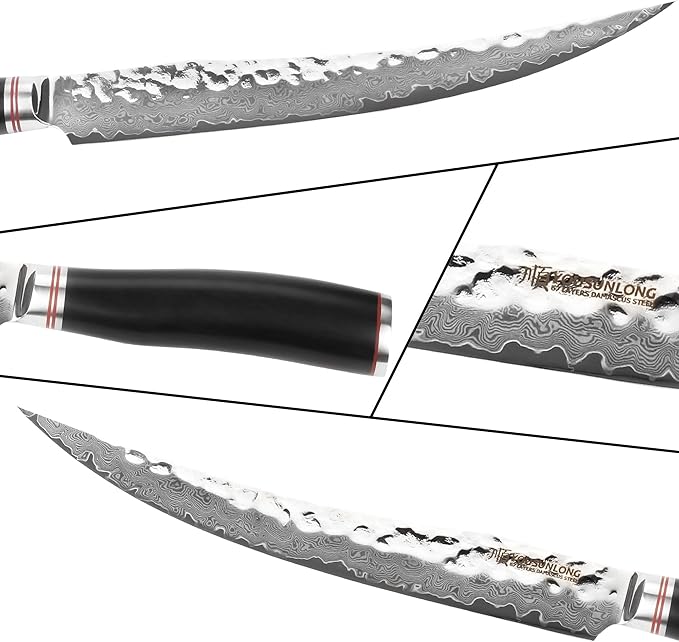 YOUSUNLONG Slicing & Carving Knife - 10'' (25.4cm) - Damascus - Japanese Hammered VG10 Steel - Ham Slicer - Razor Sharp -Natural Ebony wood Handle With Leather Sheath - Slicer Cleaver