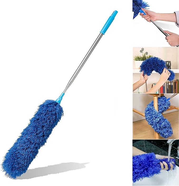 Microfiber Feather Duster with Extendable Pole, 100 inches Extra Long Cobweb Duster for Cleaning, Bendable Head, Non-Scratch, Washable Duster for Ceiling, Fan, Furniture Blue